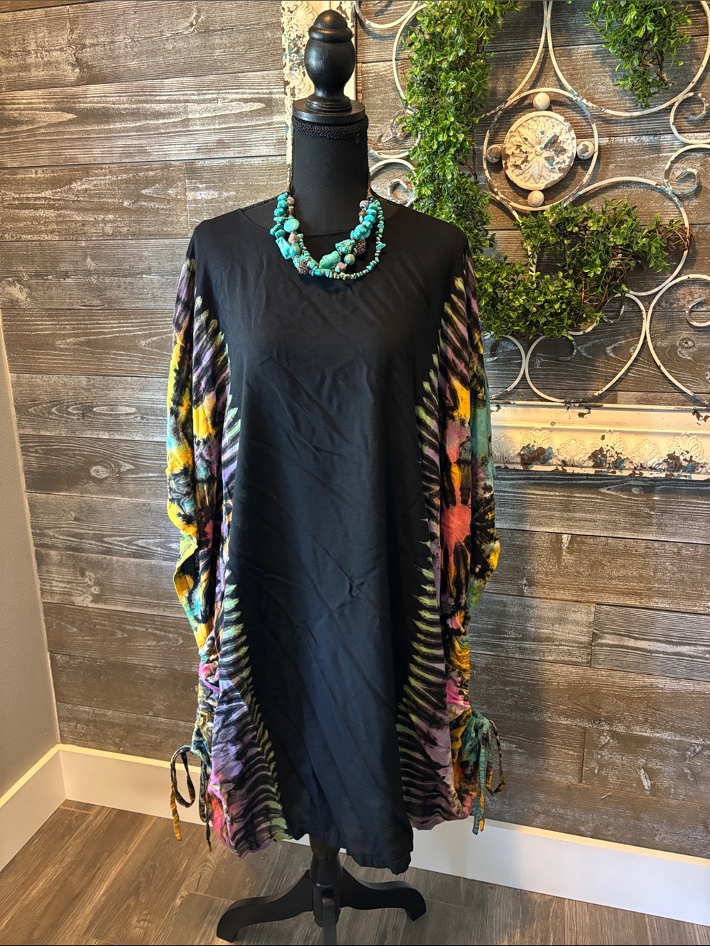 Kathmandu Imports (OS) Black Tunic Dress with Multicolor Tie-Dye Side Panels